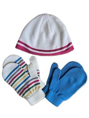 XHILARATION Toddler Knit Beanie White w/ Pink Trim 2 Prs Knit Mittens Blue Multi